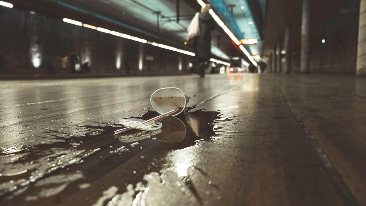 Spilled drink in a subway station.