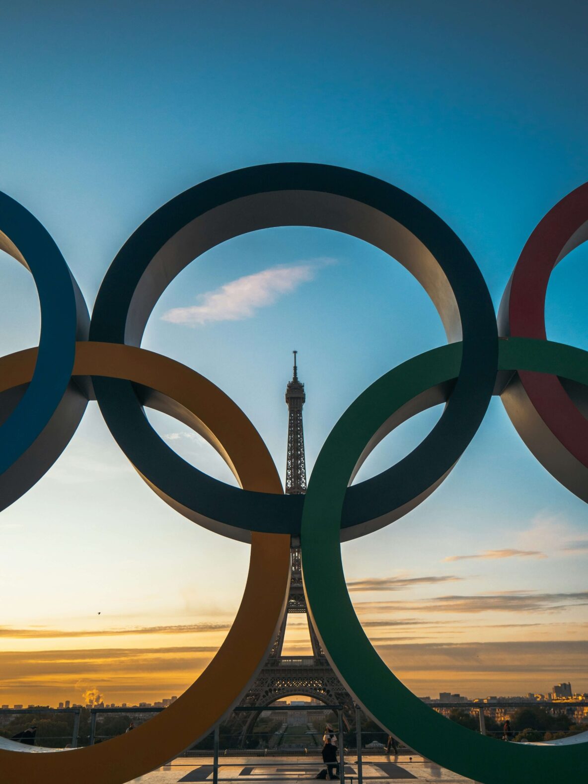 The Olympic symbol with the Eifel Tower in the background.