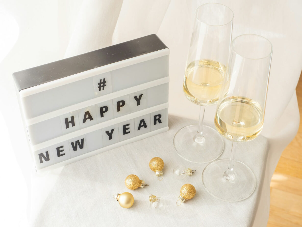 Happy New Year sign on a table.